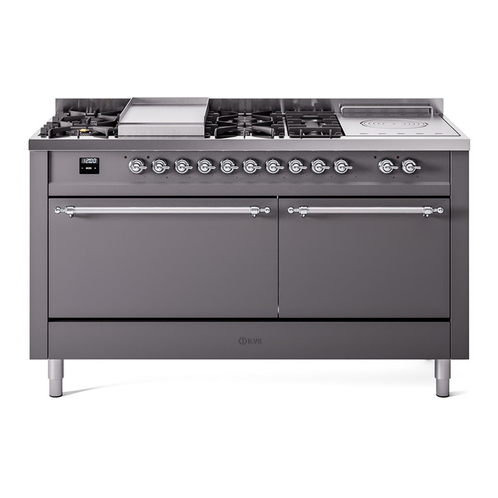 ILVE Nostalgie II 60" Dual Fuel Range - Double Ovens, 7 Burners + Griddle + French Top - Solid Door - Graphite Matte / Chrome / Natural Gas