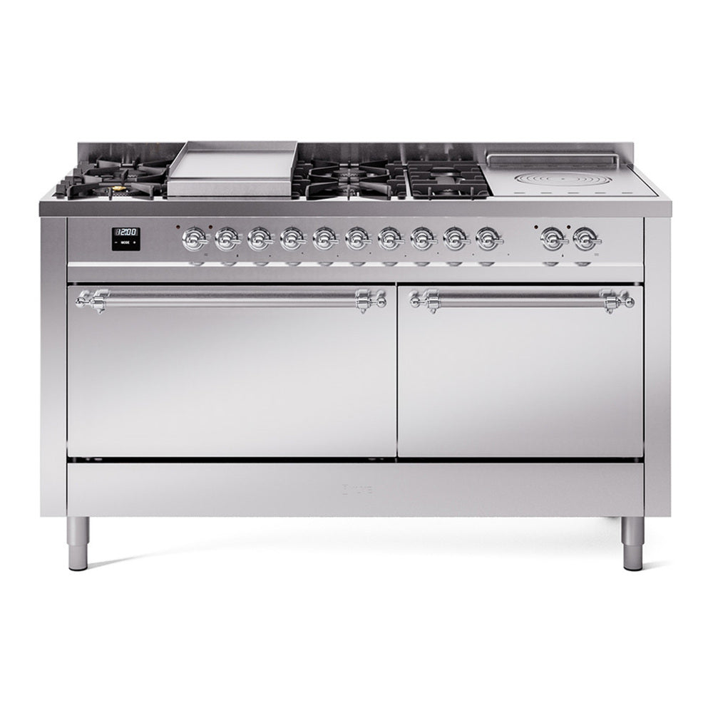 ILVE Nostalgie II 60" Dual Fuel Range - Double Ovens, 7 Burners + Griddle + French Top - Solid Door - Stainless Steel / Chrome / Natural Gas