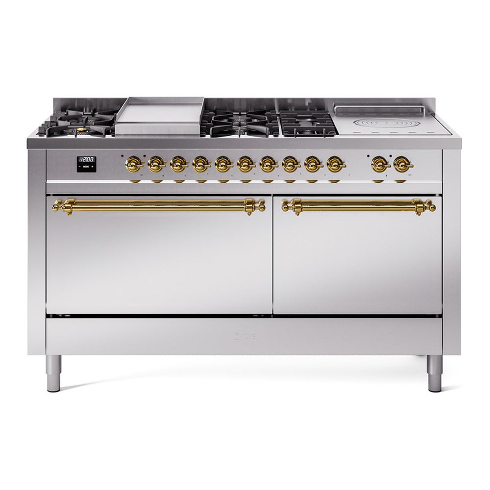 ILVE Nostalgie II 60" Dual Fuel Range - Double Ovens, 7 Burners + Griddle + French Top - Solid Door - Stainless Steel / Brass / Natural Gas