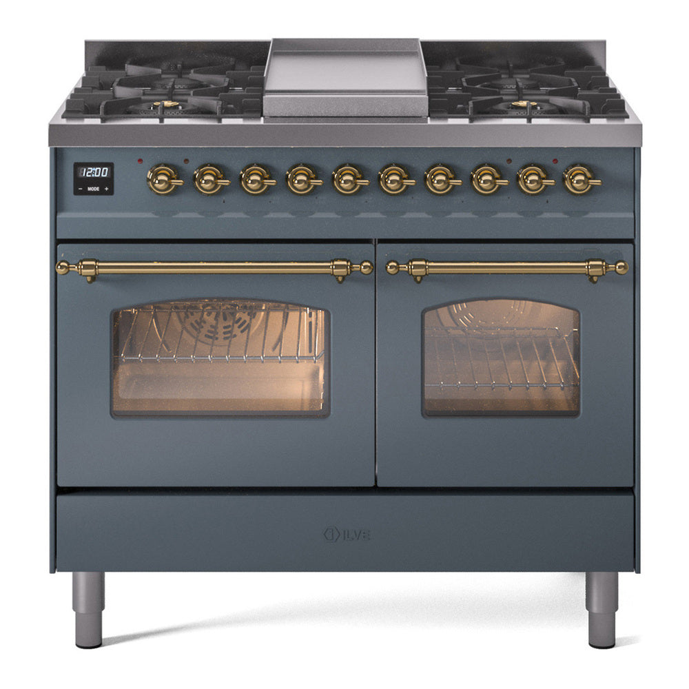 ILVE Nostalgie II 40" Dual Fuel Range - Double Ovens, 6 Burners + Griddle - Triple Glass Door - Blue Grey / Brass / Natural Gas