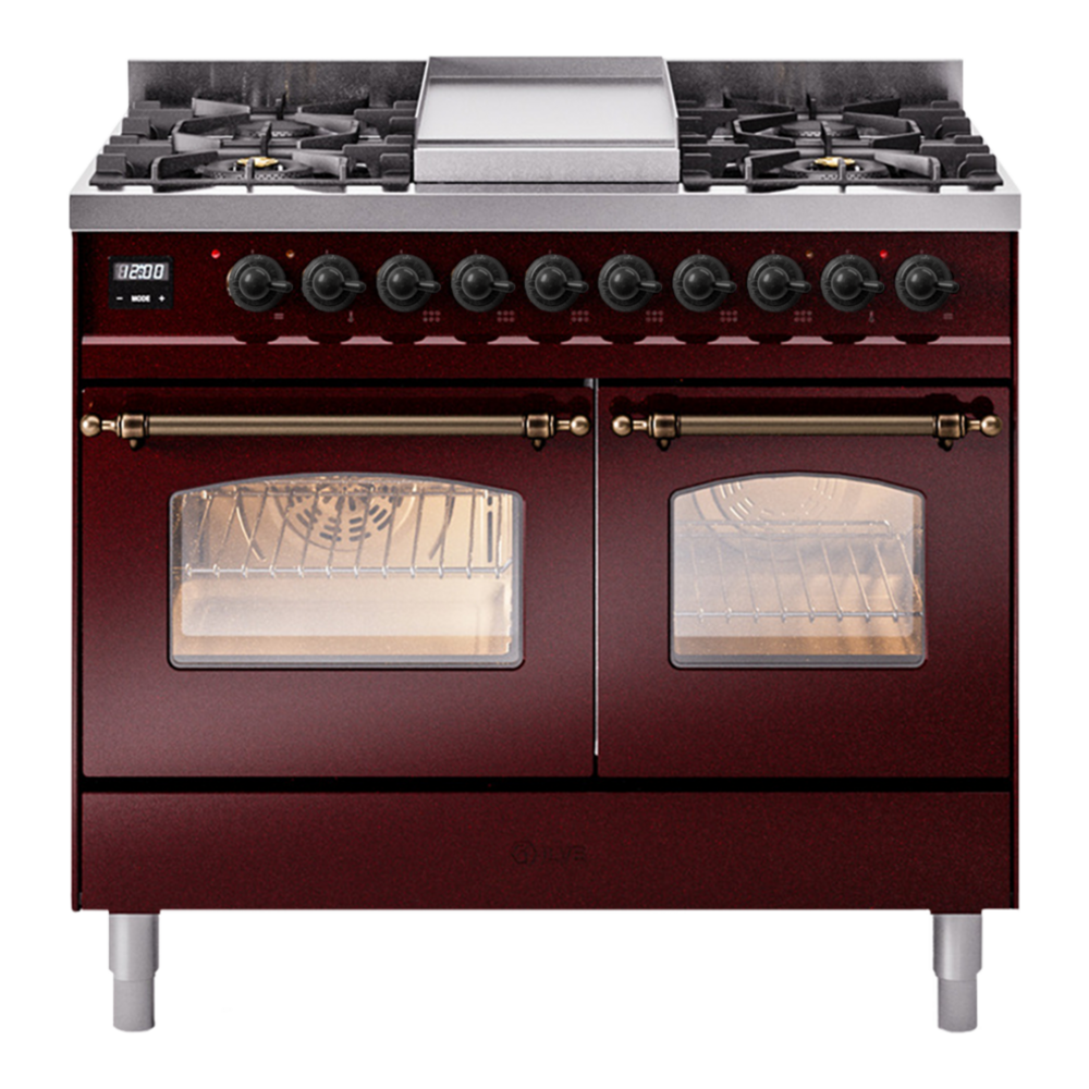 ILVE Nostalgie II 40" Dual Fuel Range - Double Ovens, 6 Burners + Griddle - Triple Glass Door - Burgundy / Bronze / Natural Gas