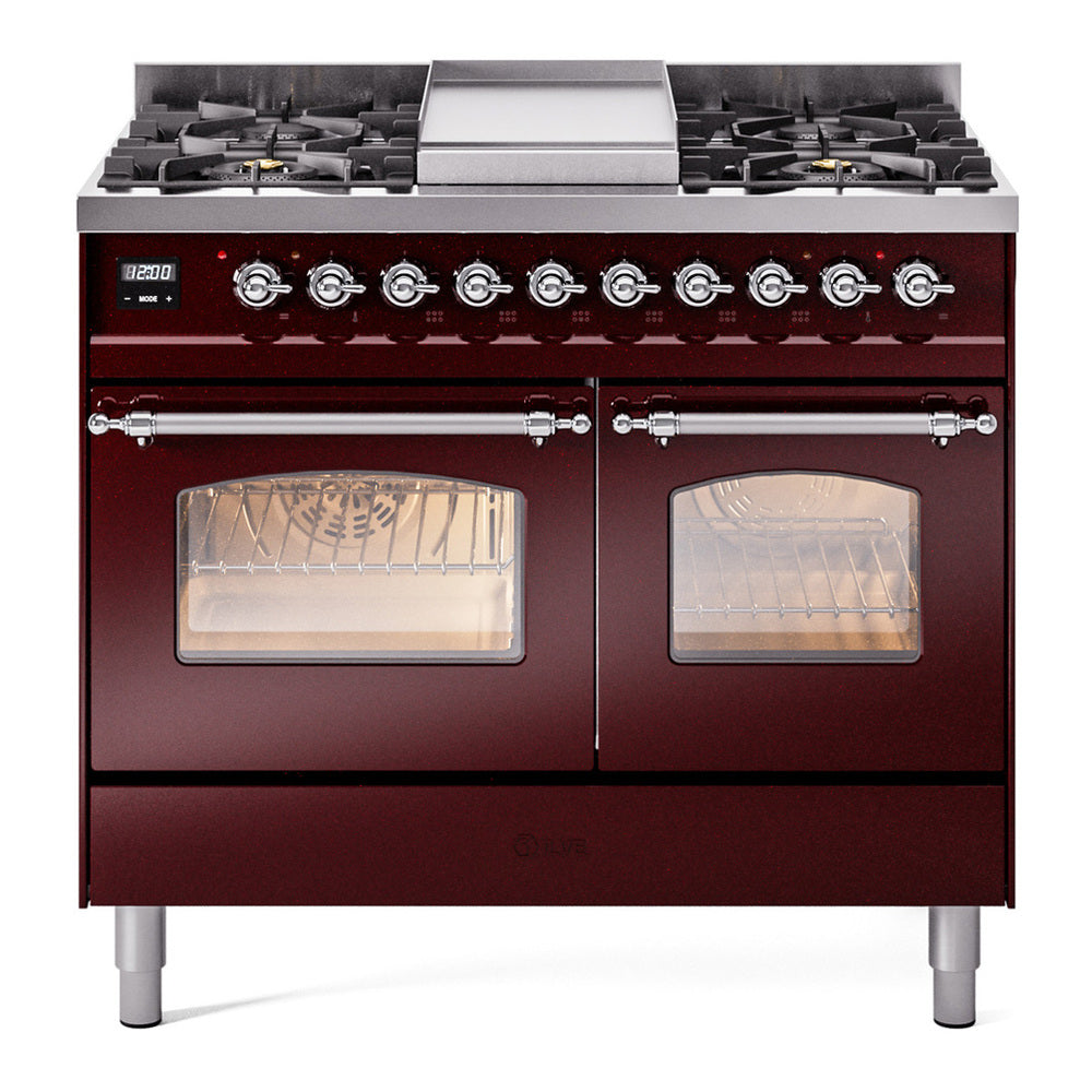 ILVE Nostalgie II 40" Dual Fuel Range - Double Ovens, 6 Burners + Griddle - Triple Glass Door - Burgundy / Chrome / Natural Gas