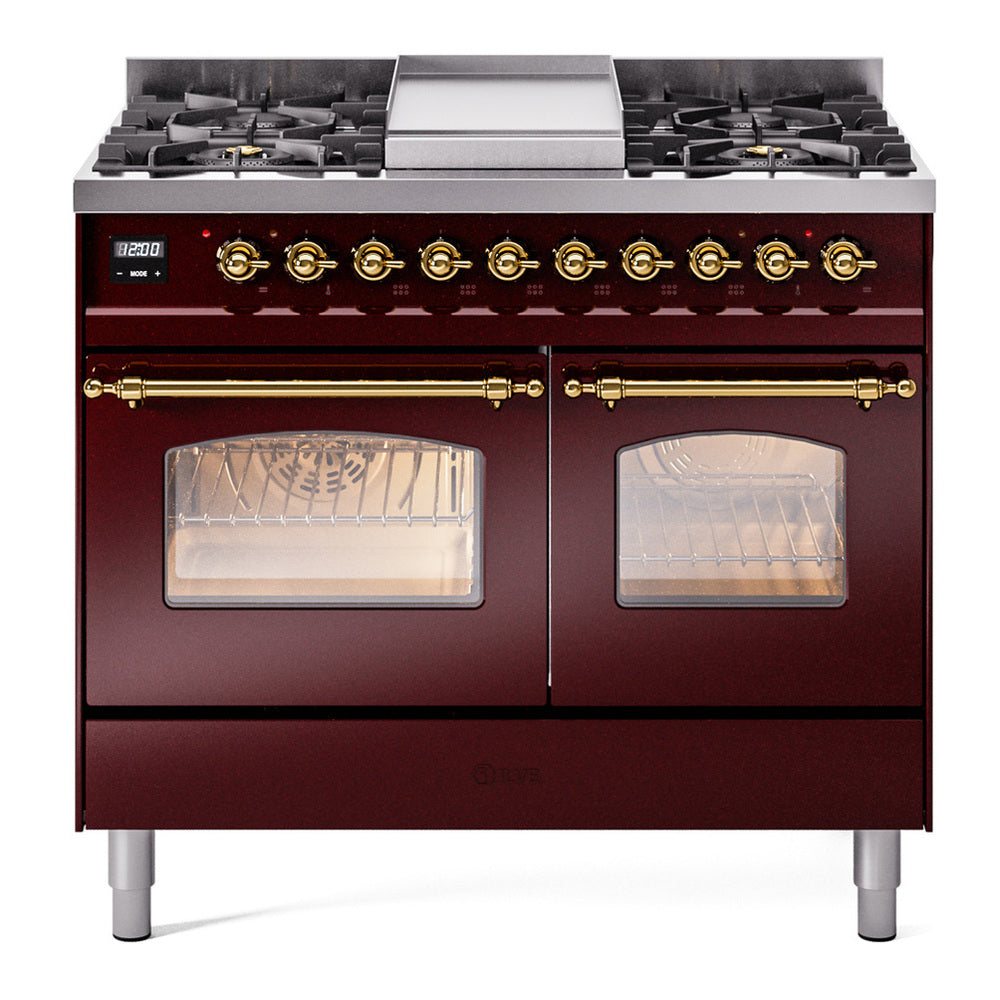 ILVE Nostalgie II 40" Dual Fuel Range - Double Ovens, 6 Burners + Griddle - Triple Glass Door - Burgundy / Brass / Natural Gas