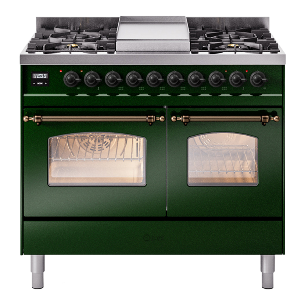 ILVE Nostalgie II 40" Dual Fuel Range - Double Ovens, 6 Burners + Griddle - Triple Glass Door - Emerald Green / Bronze / Natural Gas