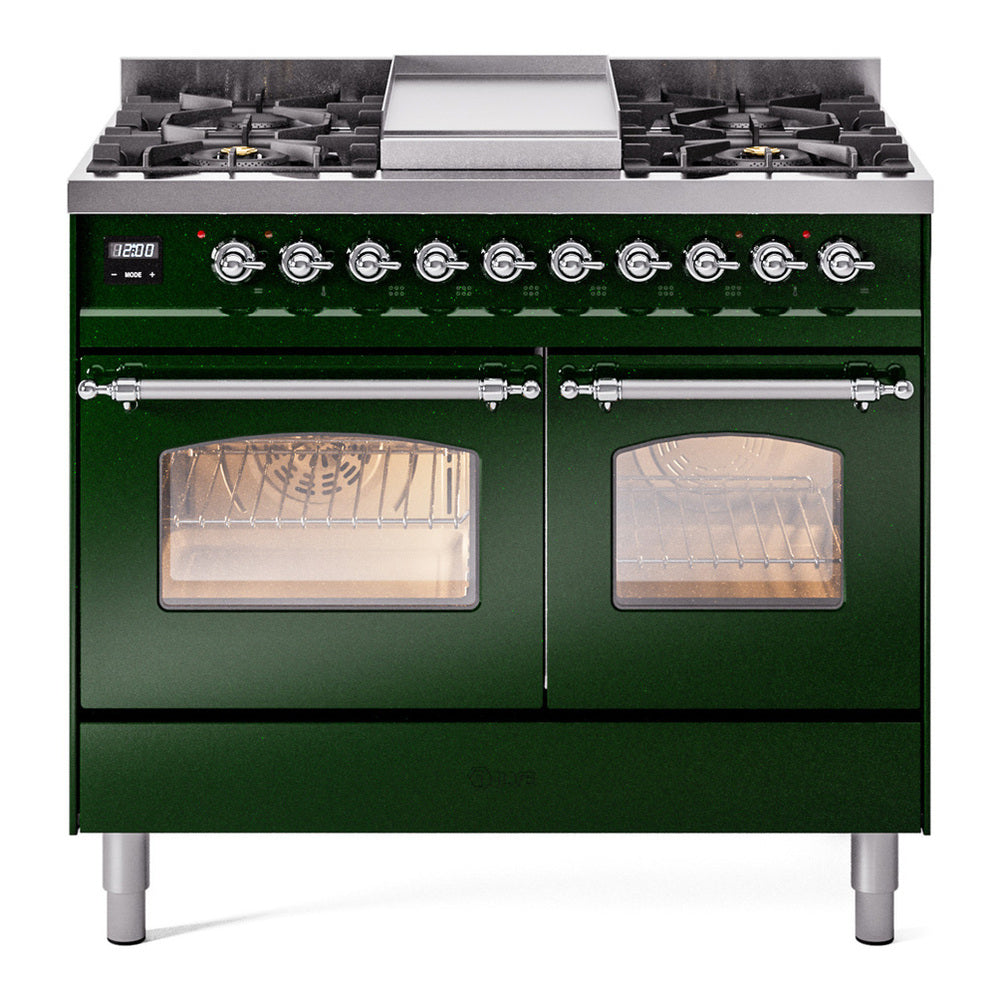 ILVE Nostalgie II 40" Dual Fuel Range - Double Ovens, 6 Burners + Griddle - Triple Glass Door - Emerald Green / Chrome / Natural Gas