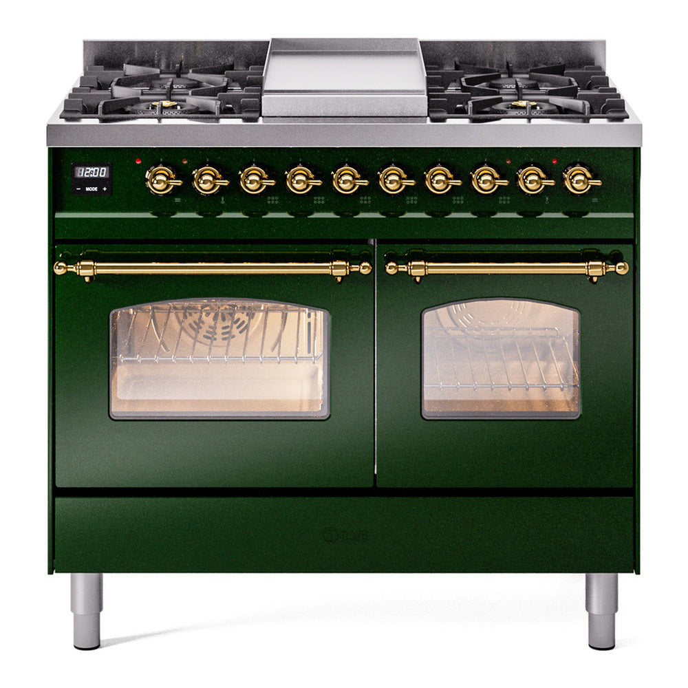 ILVE Nostalgie II 40" Dual Fuel Range - Double Ovens, 6 Burners + Griddle - Triple Glass Door - Emerald Green / Brass / Natural Gas