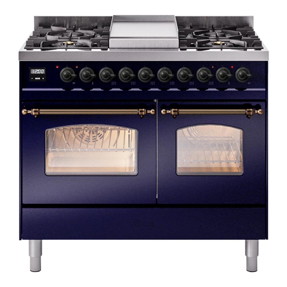 ILVE Nostalgie II 40" Dual Fuel Range - Double Ovens, 6 Burners + Griddle - Triple Glass Door - Midnight Blue / Bronze / Natural Gas