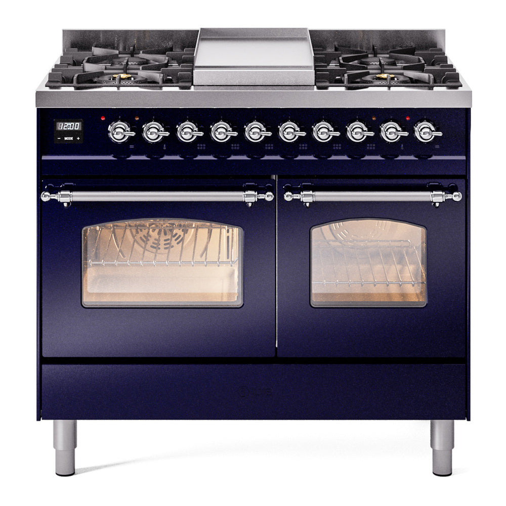 ILVE Nostalgie II 40" Dual Fuel Range - Double Ovens, 6 Burners + Griddle - Triple Glass Door - Midnight Blue / Chrome / Natural Gas