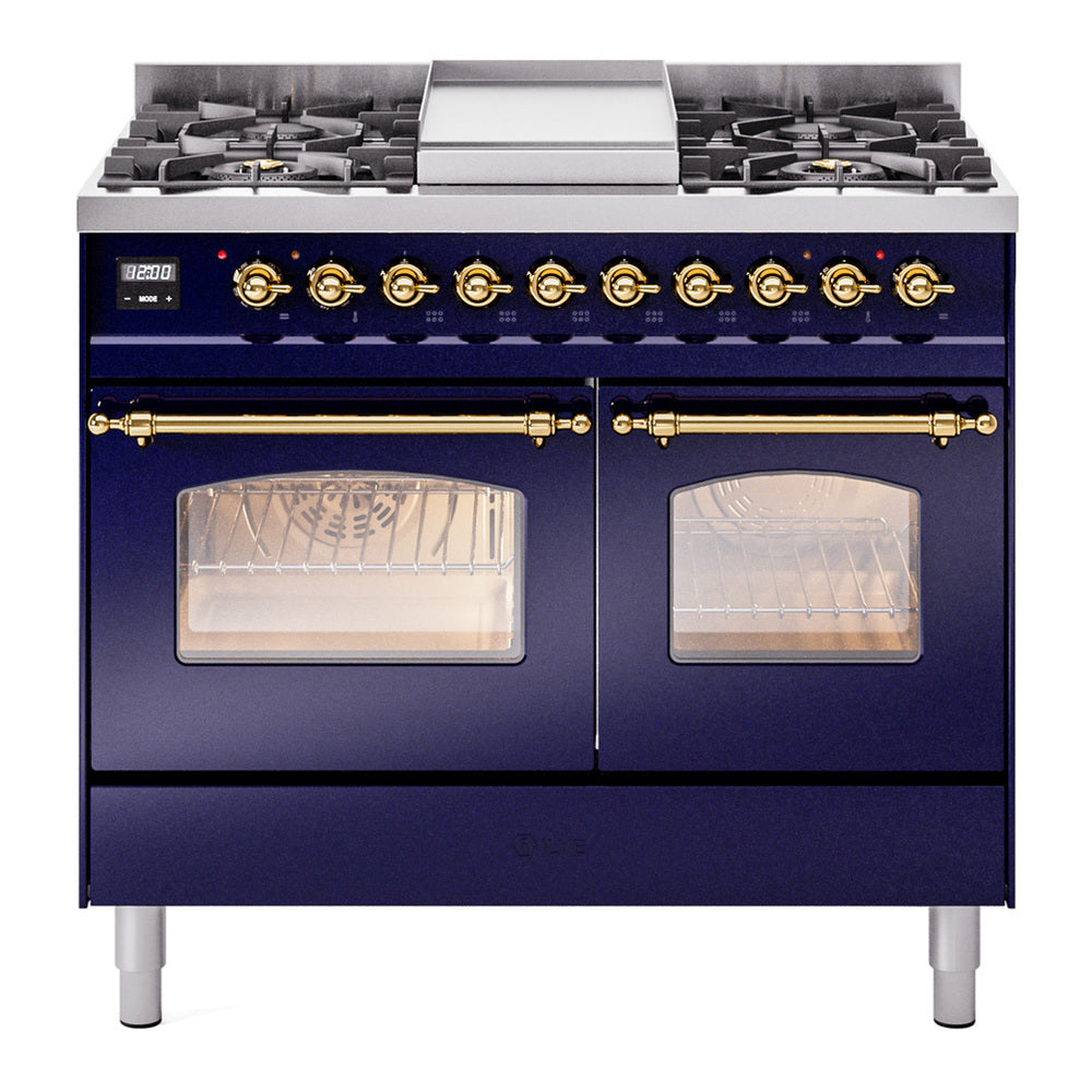 ILVE Nostalgie II 40" Dual Fuel Range - Double Ovens, 6 Burners + Griddle - Triple Glass Door - Midnight Blue / Brass / Natural Gas