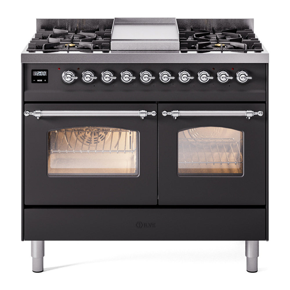 ILVE Nostalgie II 40" Dual Fuel Range - Double Ovens, 6 Burners + Griddle - Triple Glass Door - Graphite Matte / Chrome / Natural Gas
