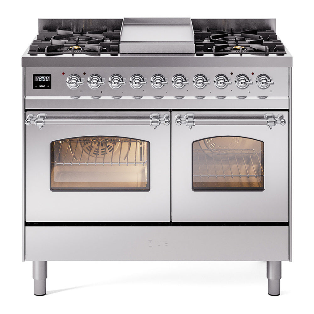 ILVE Nostalgie II 40" Dual Fuel Range - Double Ovens, 6 Burners + Griddle - Triple Glass Door - Stainless Steel / Chrome / Natural Gas