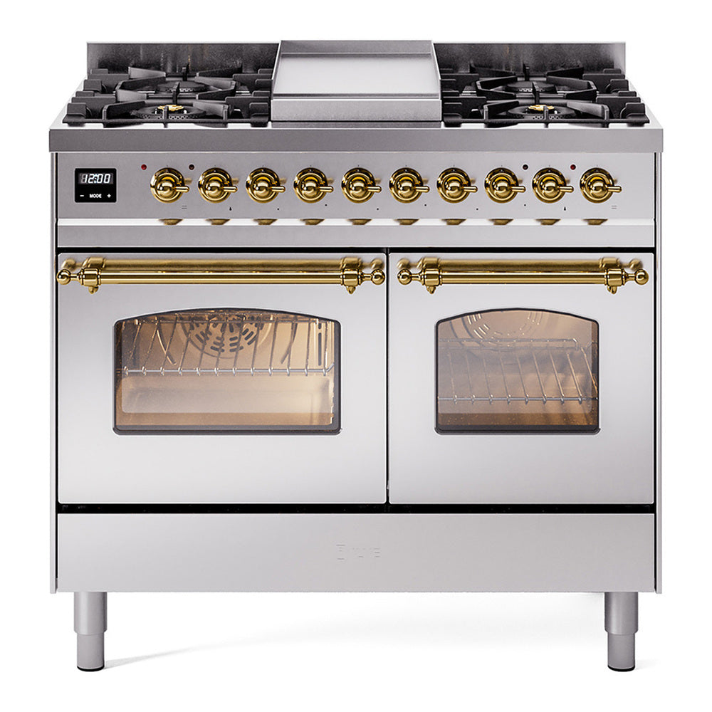 ILVE Nostalgie II 40" Dual Fuel Range - Double Ovens, 6 Burners + Griddle - Triple Glass Door - Stainless Steel / Brass / Natural Gas