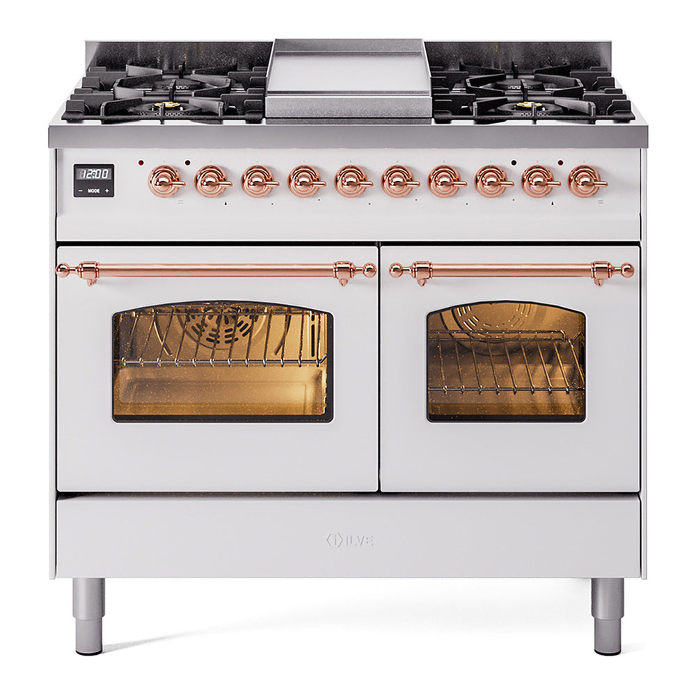 ILVE Nostalgie II 40" Dual Fuel Range - Double Ovens, 6 Burners + Griddle - Triple Glass Door - White / Copper / Natural Gas