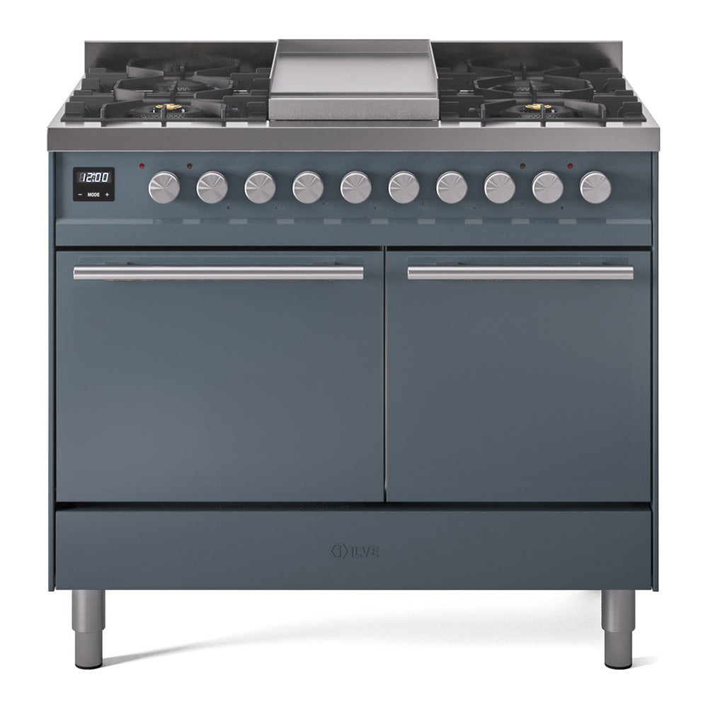 ILVE Professional Plus II 40" Dual Fuel Range - Double Ovens, 6 Burners + Griddle - Solid Door - Blue Grey / Natural Gas