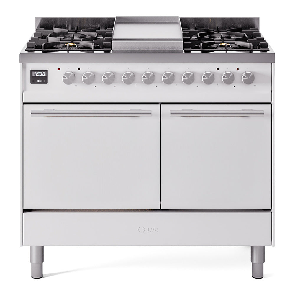 ILVE Professional Plus II 40" Dual Fuel Range - Double Ovens, 6 Burners + Griddle - Solid Door - White / Natural Gas