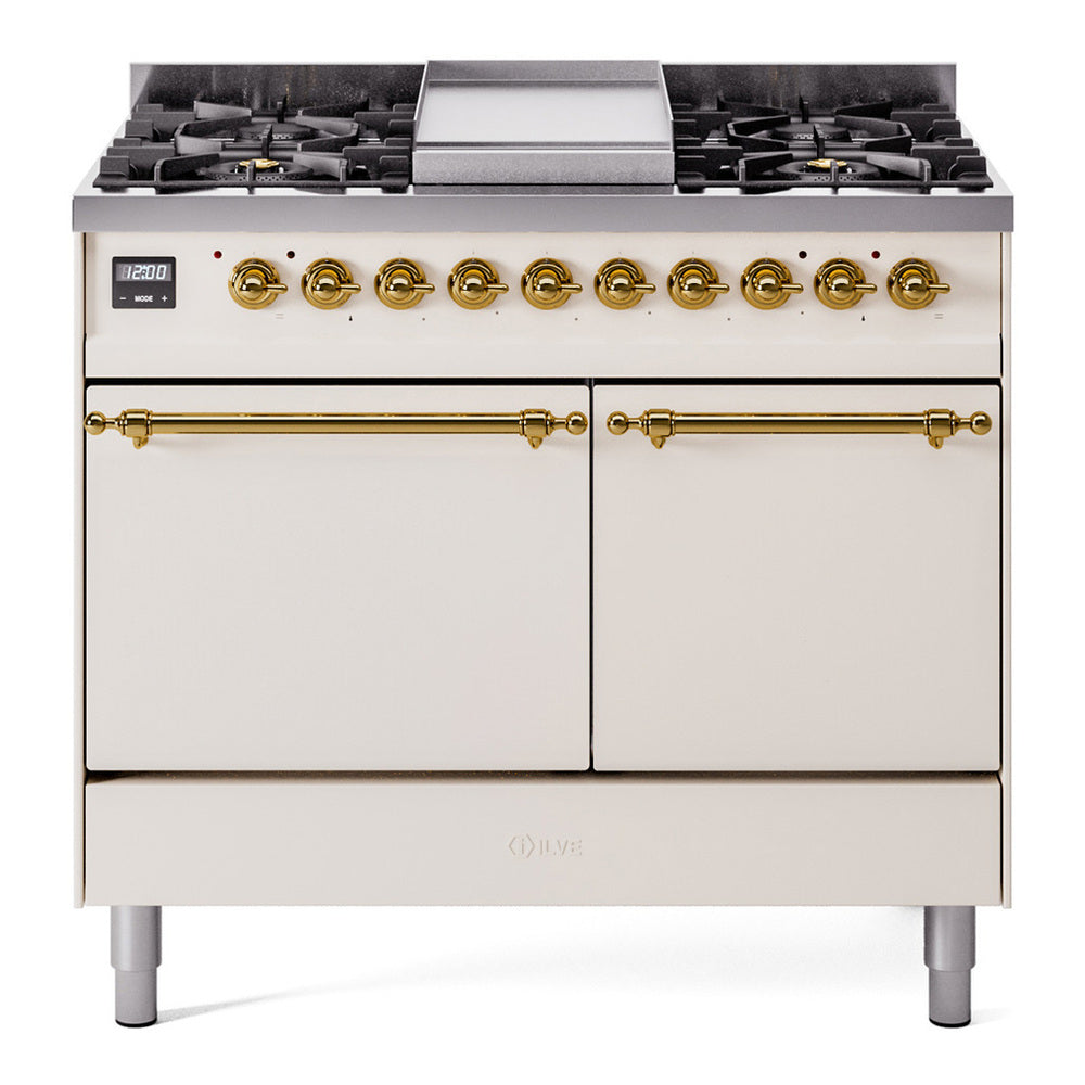 ILVE Nostalgie II 40" Dual Fuel Range - Double Ovens, 6 Burners + Griddle - Solid Door - Antique White / Brass / Natural Gas
