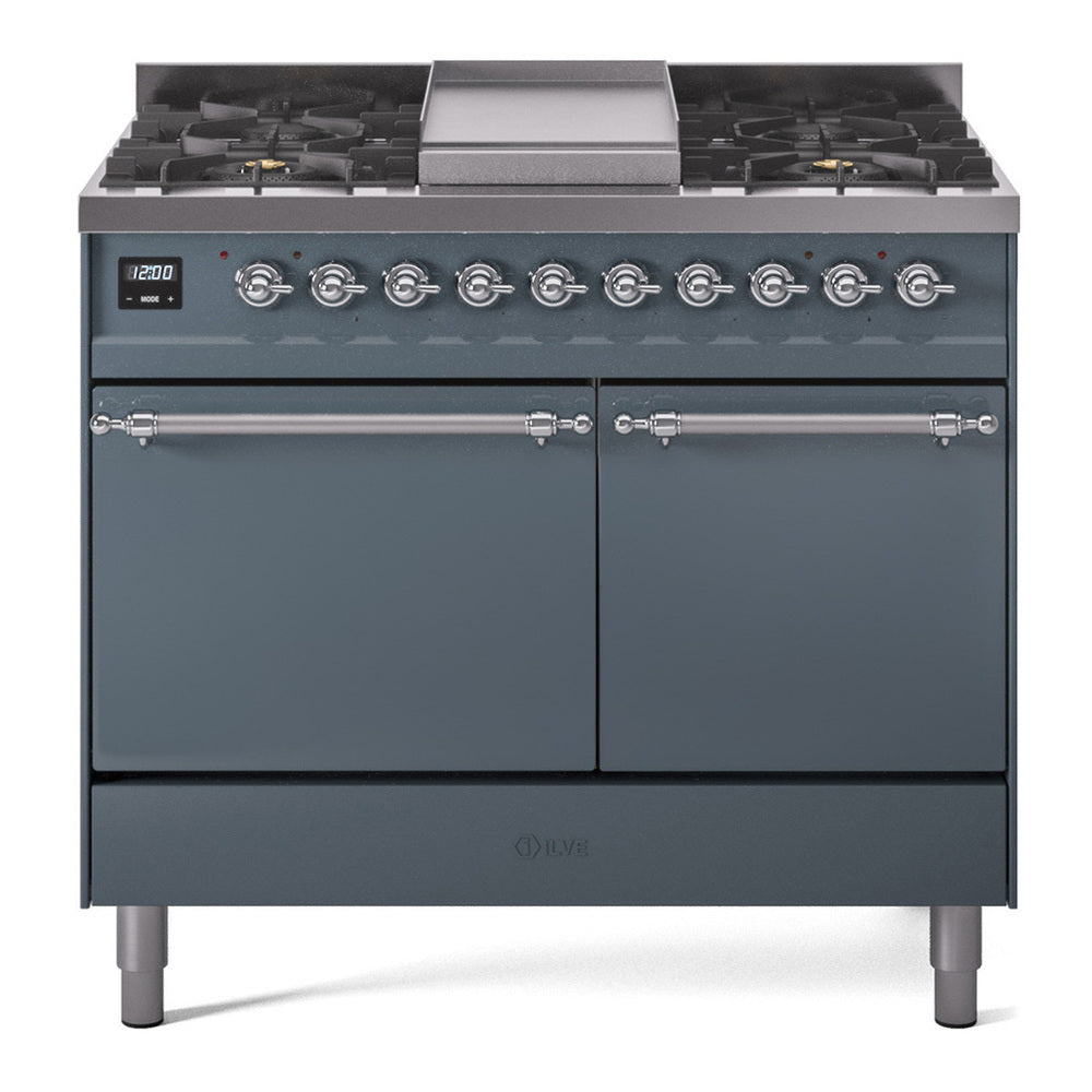 ILVE Nostalgie II 40" Dual Fuel Range - Double Ovens, 6 Burners + Griddle - Solid Door - Blue Grey / Chrome / Natural Gas