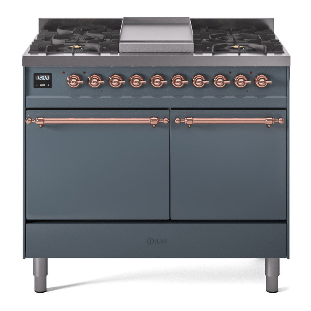 ILVE Nostalgie II 40" Dual Fuel Range - Double Ovens, 6 Burners + Griddle - Solid Door - Blue Grey / Copper / Natural Gas