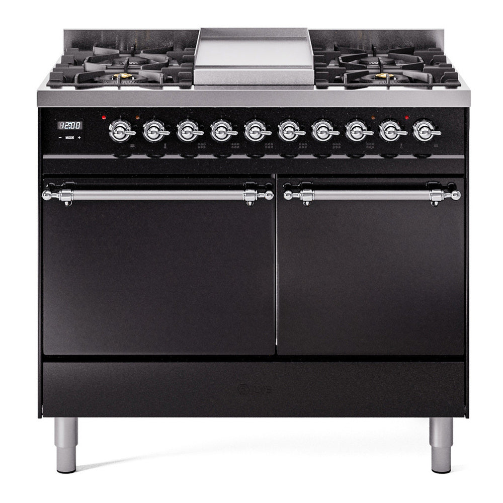 ILVE Nostalgie II 40" Dual Fuel Range - Double Ovens, 6 Burners + Griddle - Solid Door - Glossy Black / Chrome / Natural Gas