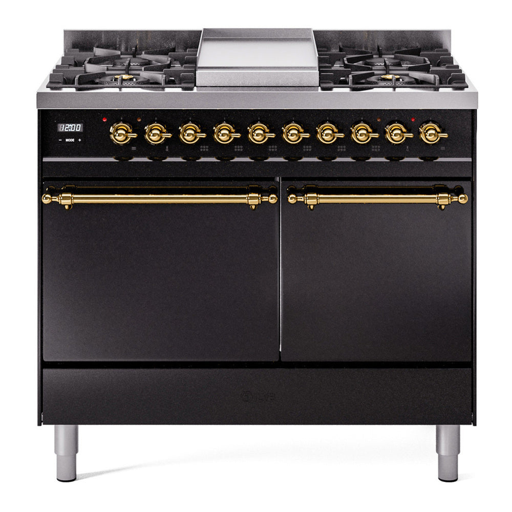 ILVE Nostalgie II 40" Dual Fuel Range - Double Ovens, 6 Burners + Griddle - Solid Door - Glossy Black / Brass / Natural Gas