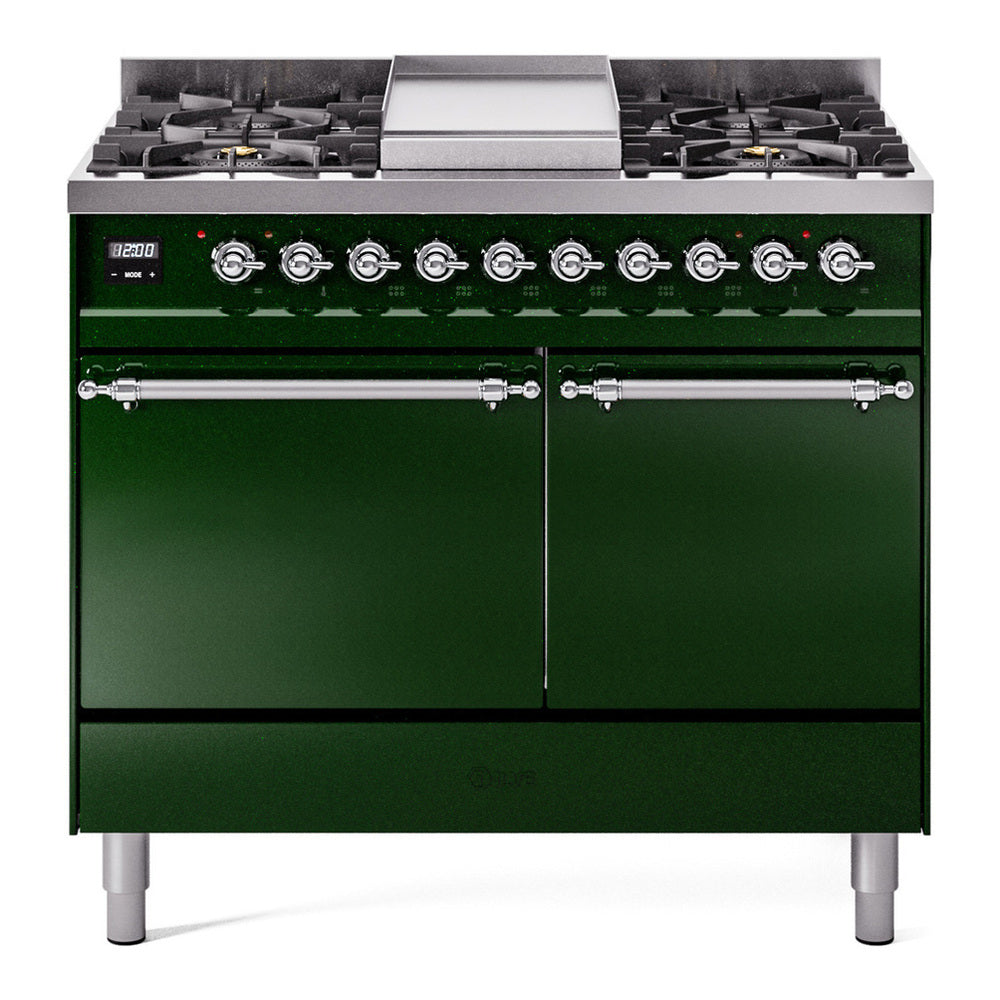 ILVE Nostalgie II 40" Dual Fuel Range - Double Ovens, 6 Burners + Griddle - Solid Door - Emerald Green / Chrome / Natural Gas