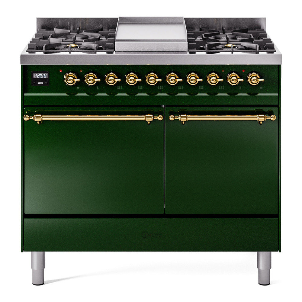 ILVE Nostalgie II 40" Dual Fuel Range - Double Ovens, 6 Burners + Griddle - Solid Door - Emerald Green / Brass / Natural Gas