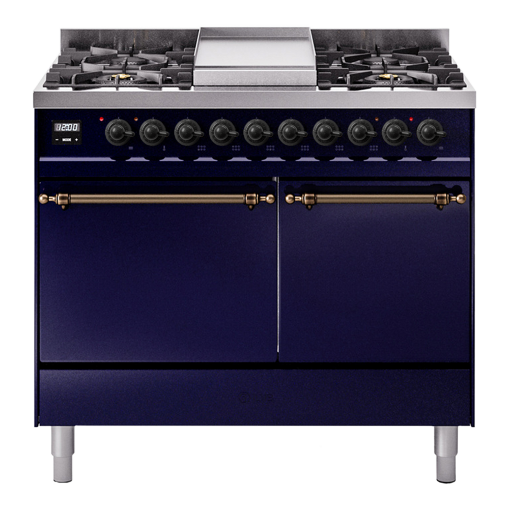ILVE Nostalgie II 40" Dual Fuel Range - Double Ovens, 6 Burners + Griddle - Solid Door - Midnight Blue / Bronze / Natural Gas