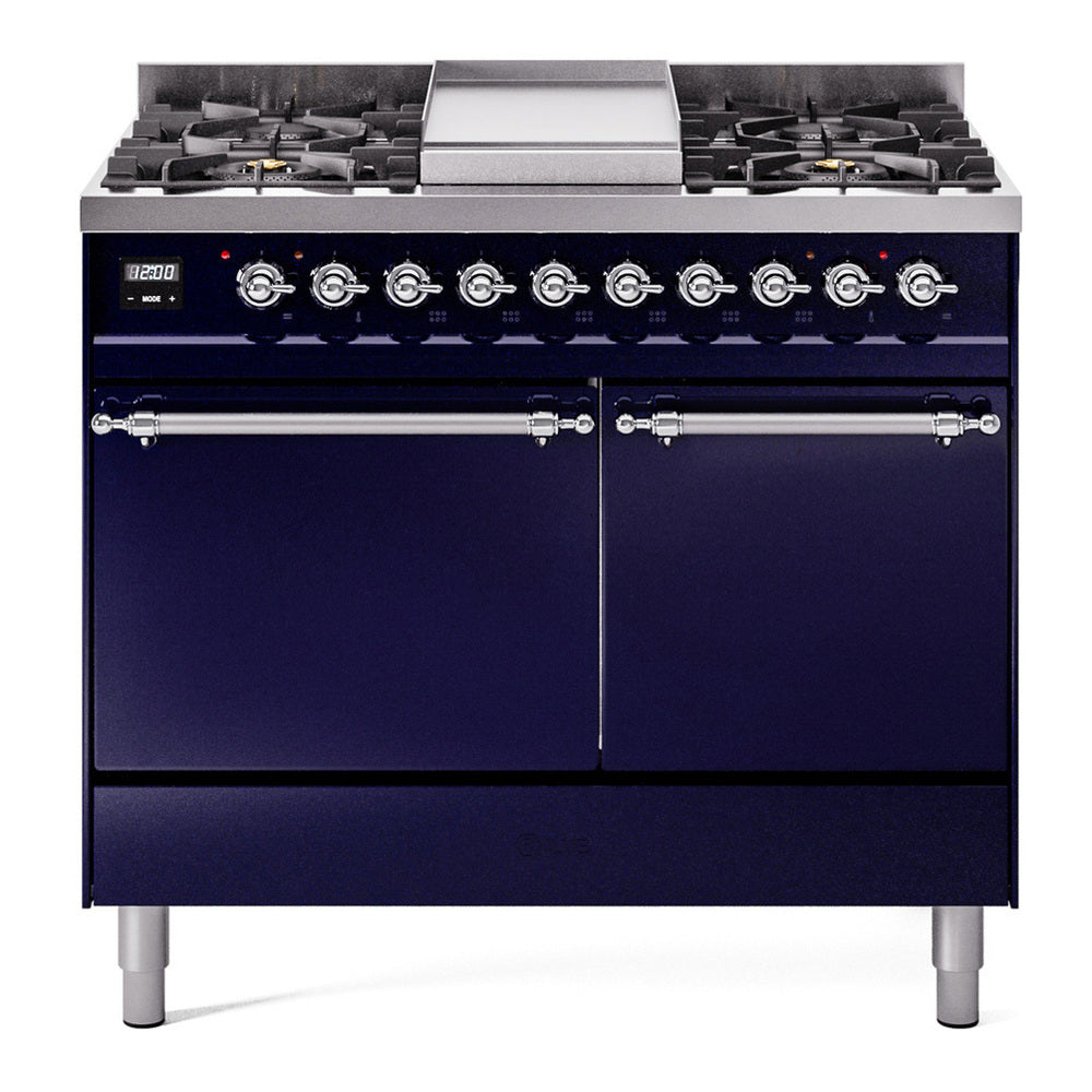 ILVE Nostalgie II 40" Dual Fuel Range - Double Ovens, 6 Burners + Griddle - Solid Door - Midnight Blue / Chrome / Natural Gas