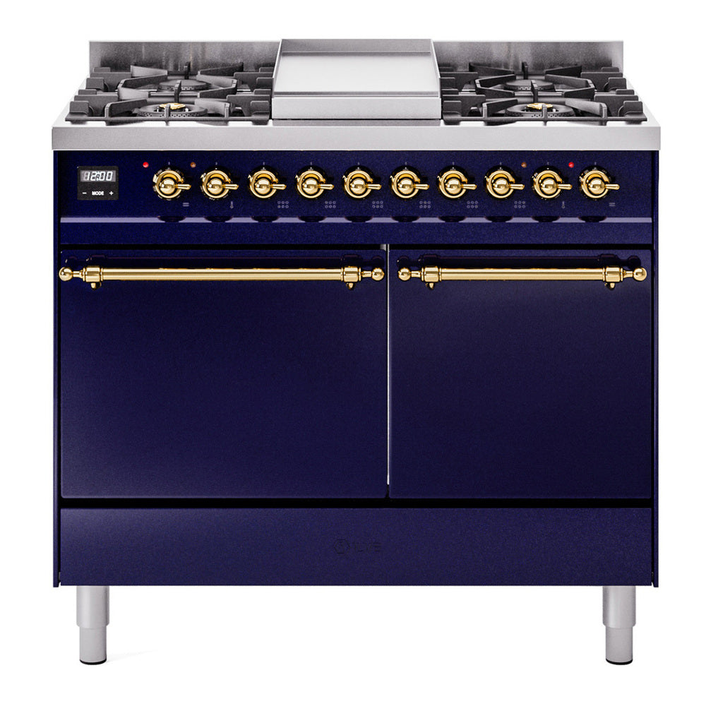 ILVE Nostalgie II 40" Dual Fuel Range - Double Ovens, 6 Burners + Griddle - Solid Door - Midnight Blue / Brass / Natural Gas