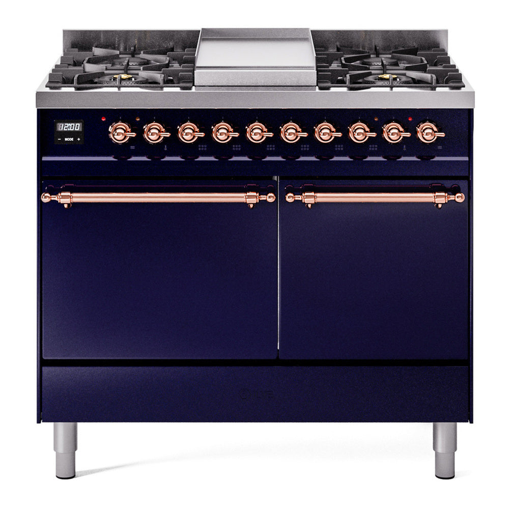 ILVE Nostalgie II 40" Dual Fuel Range - Double Ovens, 6 Burners + Griddle - Solid Door - Midnight Blue / Copper / Natural Gas
