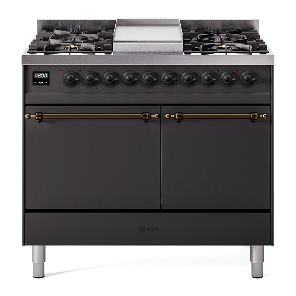 ILVE Nostalgie II 40" Dual Fuel Range - Double Ovens, 6 Burners + Griddle - Solid Door - Graphite Matte / Bronze / Natural Gas