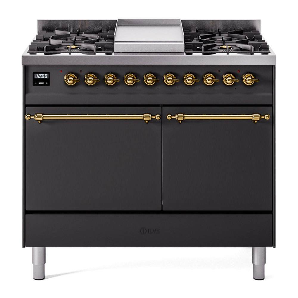 ILVE Nostalgie II 40" Dual Fuel Range - Double Ovens, 6 Burners + Griddle - Solid Door - Graphite Matte / Brass / Natural Gas