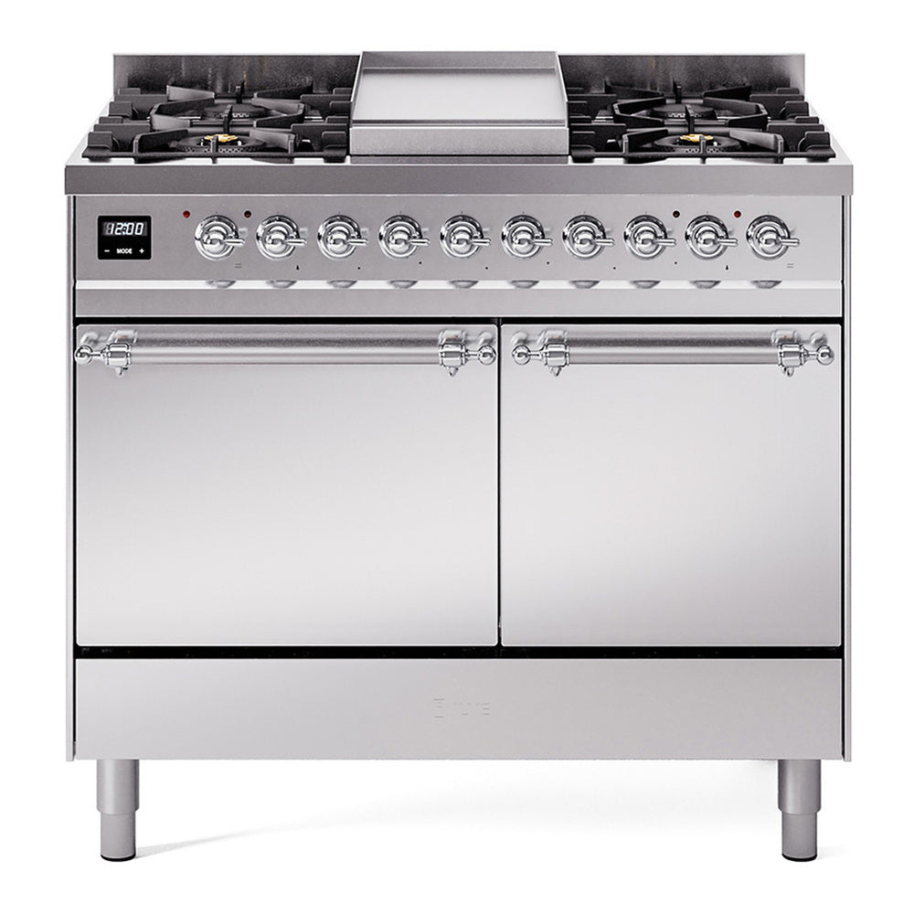 ILVE Nostalgie II 40" Dual Fuel Range - Double Ovens, 6 Burners + Griddle - Solid Door - Stainless Steel / Chrome / Natural Gas