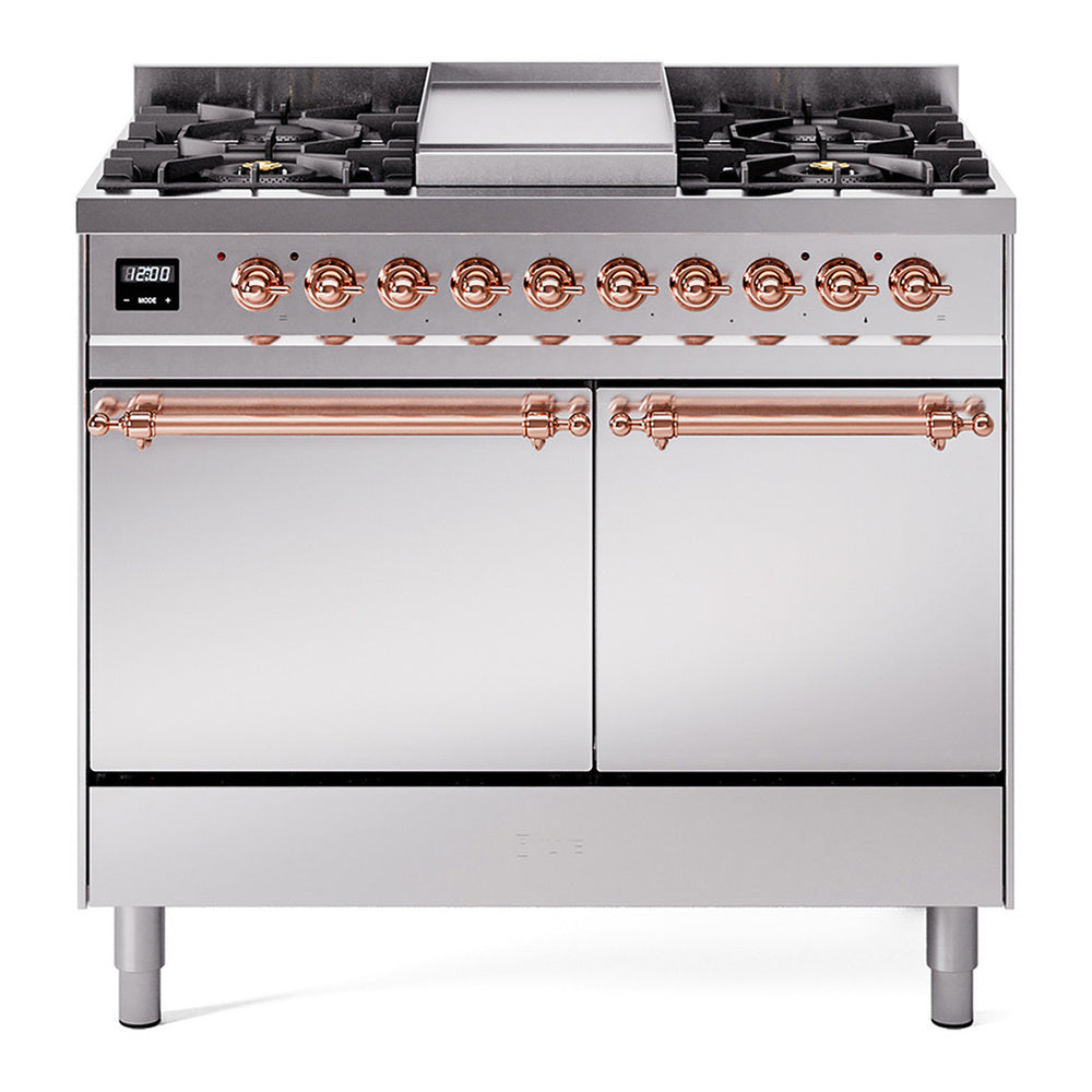 ILVE Nostalgie II 40" Dual Fuel Range - Double Ovens, 6 Burners + Griddle - Solid Door - Stainless Steel / Copper / Natural Gas