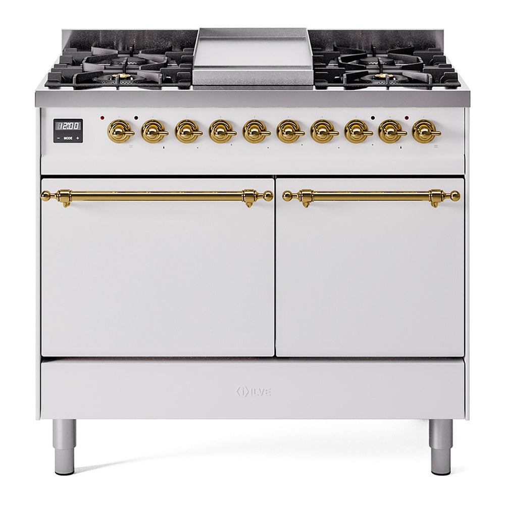 ILVE Nostalgie II 40" Dual Fuel Range - Double Ovens, 6 Burners + Griddle - Solid Door - White / Brass / Natural Gas