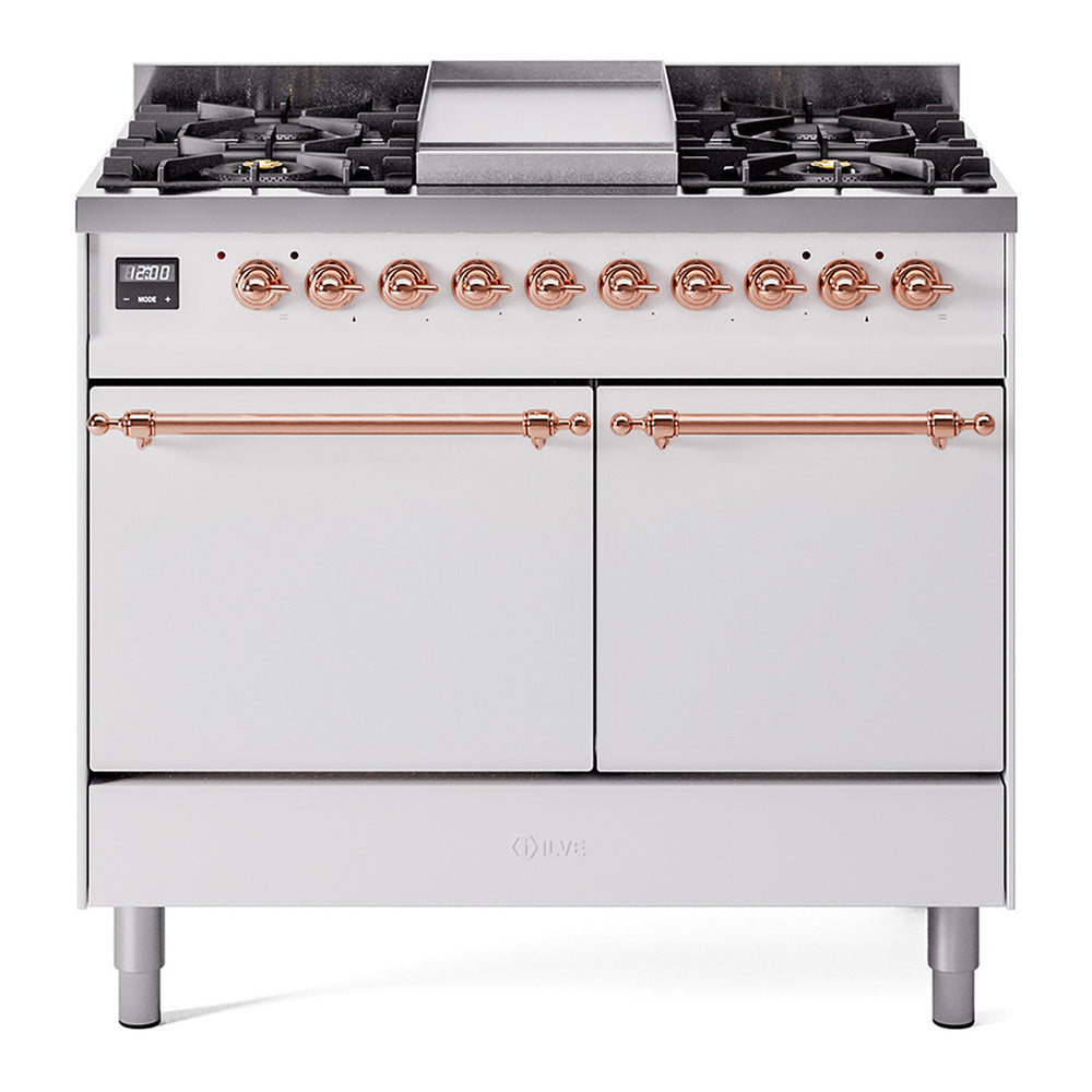 ILVE Nostalgie II 40" Dual Fuel Range - Double Ovens, 6 Burners + Griddle - Solid Door - White / Copper / Natural Gas