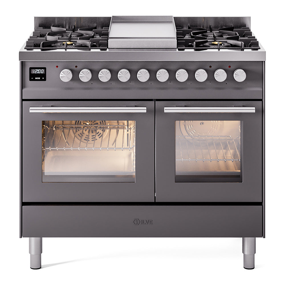 ILVE Professional Plus II 40" Dual Fuel Range - Double Ovens, 6 Burners + Griddle - Triple Glass Door - Graphite Matte / Natural Gas