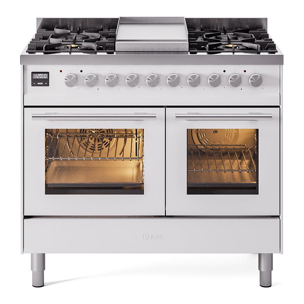 ILVE Professional Plus II 40" Dual Fuel Range - Double Ovens, 6 Burners + Griddle - Triple Glass Door - White / Natural Gas