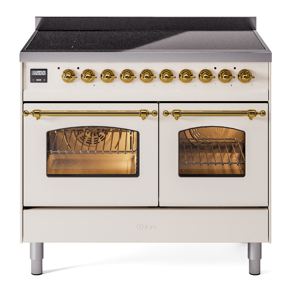 ILVE Nostalgie II 40" Induction Range - Double Ovens, 6-Element Induction - Triple Glass Door - Antique White / Brass