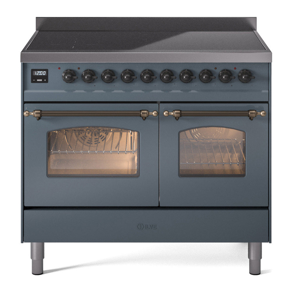ILVE Nostalgie II 40" Induction Range - Double Ovens, 6-Element Induction - Triple Glass Door - Blue Grey / Bronze