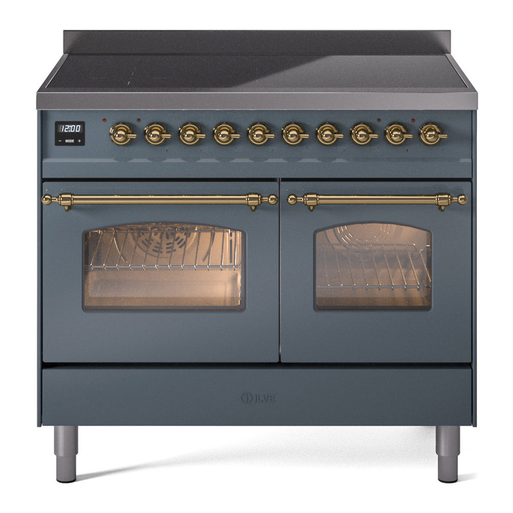 ILVE Nostalgie II 40" Induction Range - Double Ovens, 6-Element Induction - Triple Glass Door - Blue Grey / Brass