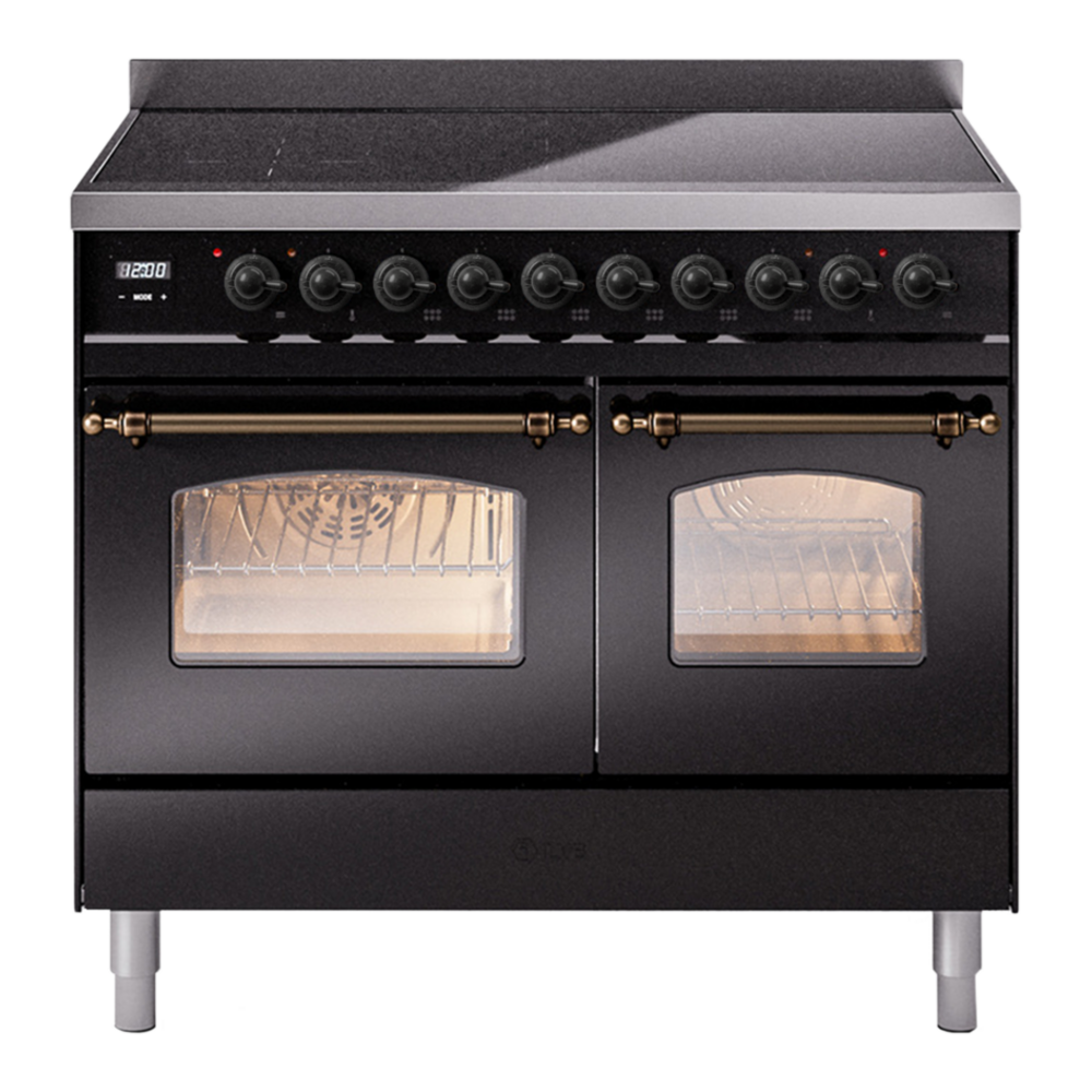ILVE Nostalgie II 40" Induction Range - Double Ovens, 6-Element Induction - Triple Glass Door - Glossy Black / Bronze