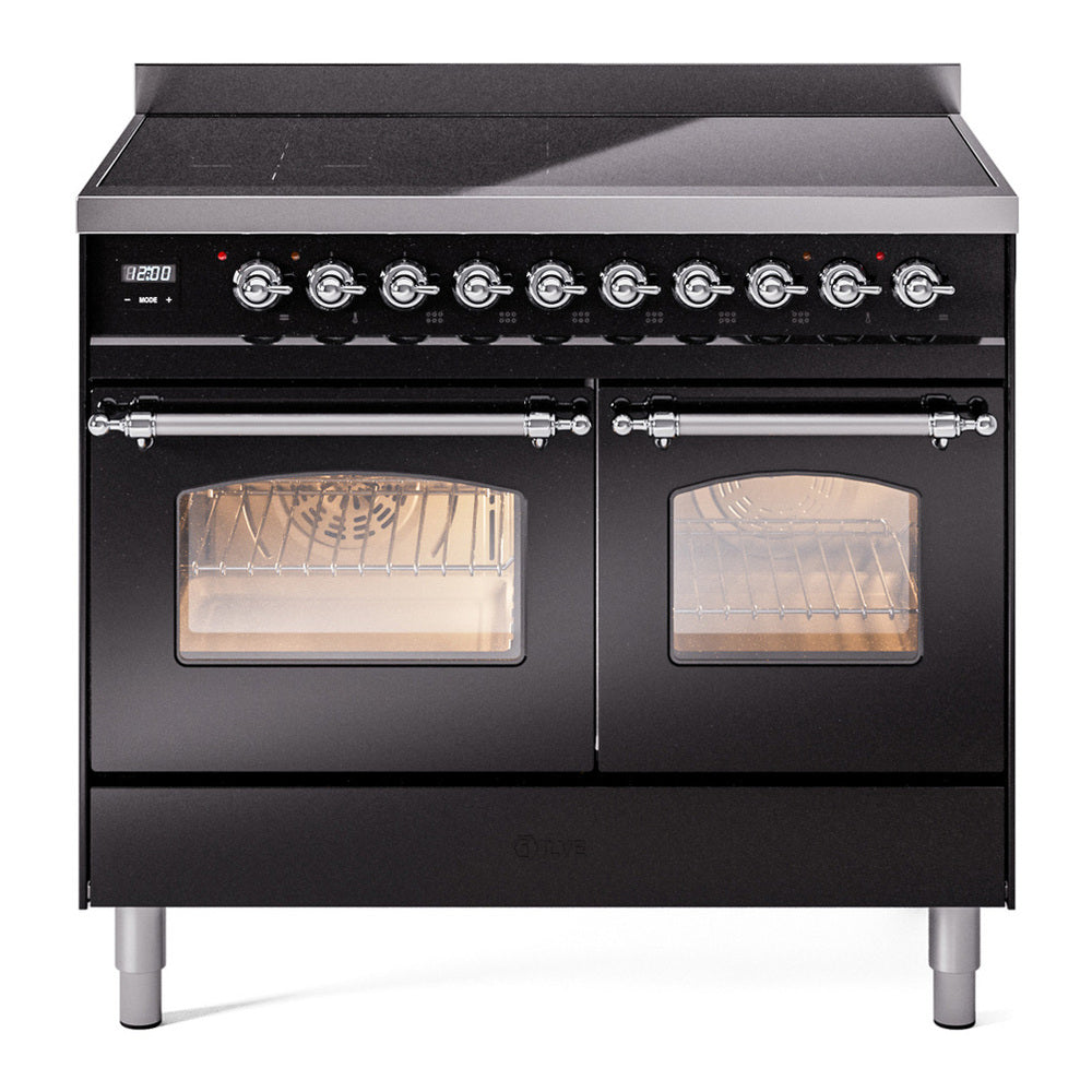 ILVE Nostalgie II 40" Induction Range - Double Ovens, 6-Element Induction - Triple Glass Door - Glossy Black / Chrome
