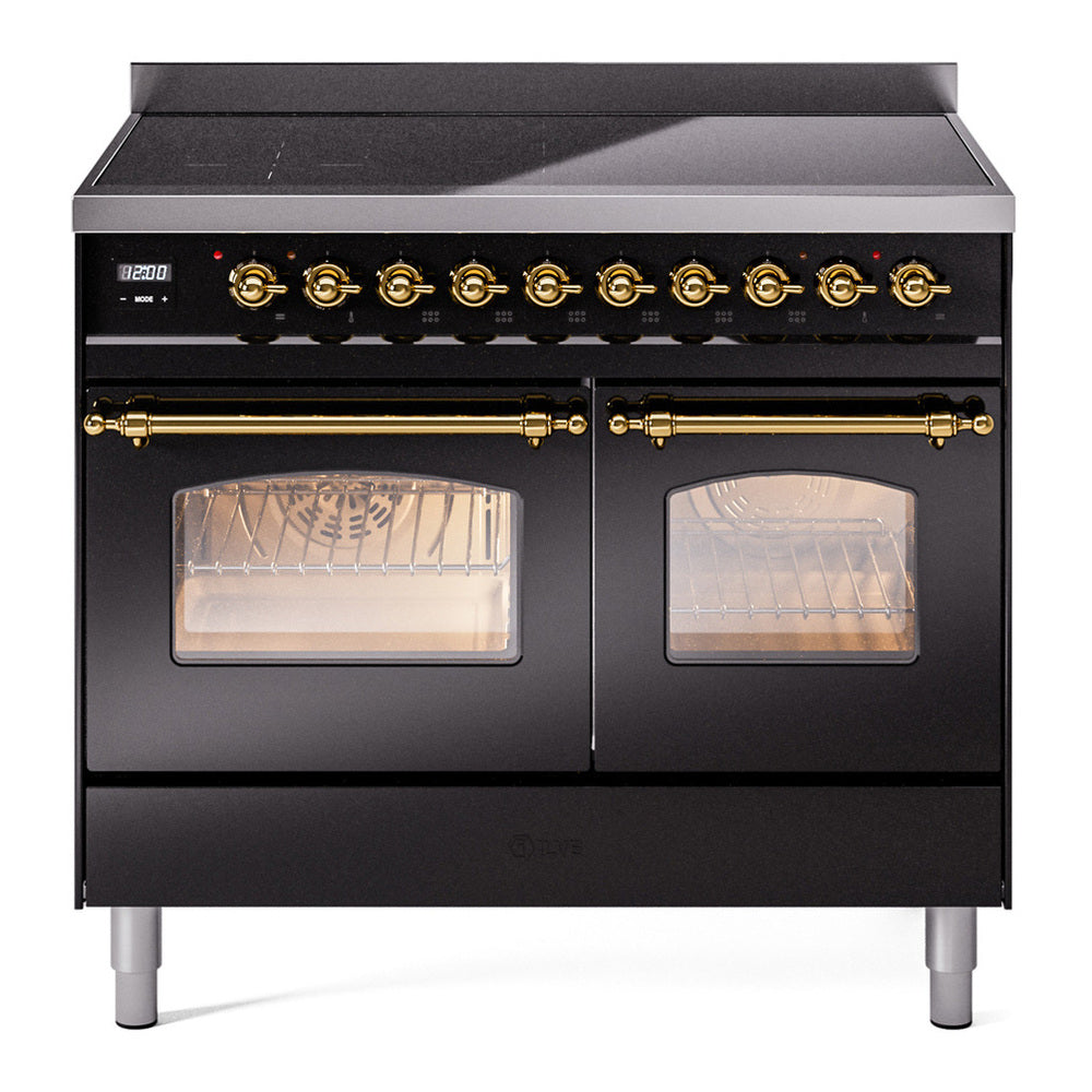 ILVE Nostalgie II 40" Induction Range - Double Ovens, 6-Element Induction - Triple Glass Door - Glossy Black / Brass