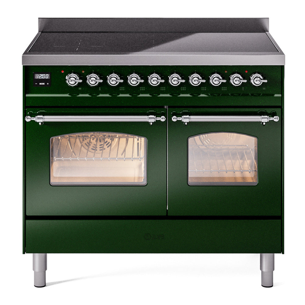 ILVE Nostalgie II 40" Induction Range - Double Ovens, 6-Element Induction - Triple Glass Door - Emerald Green / Chrome