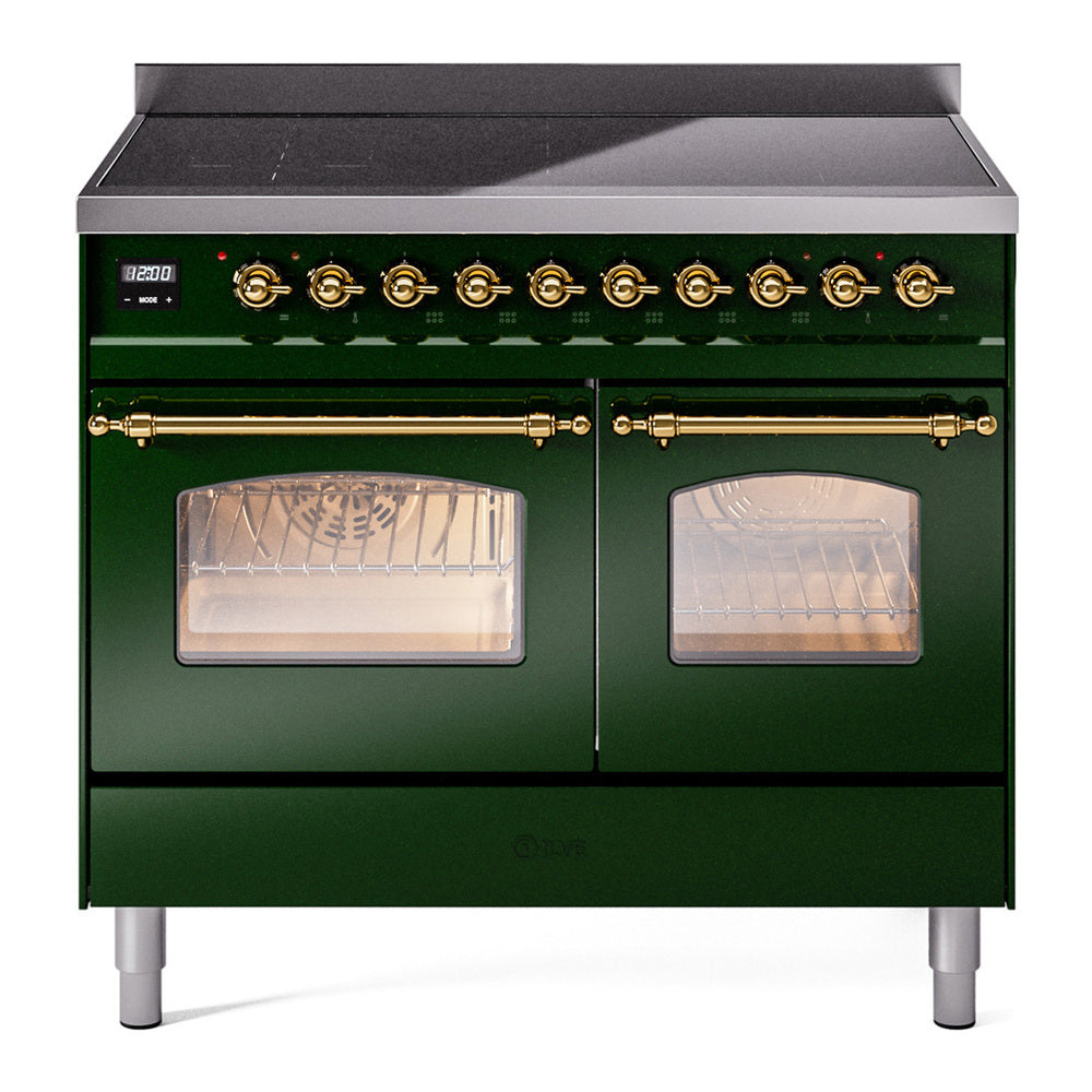 ILVE Nostalgie II 40" Induction Range - Double Ovens, 6-Element Induction - Triple Glass Door - Emerald Green / Brass
