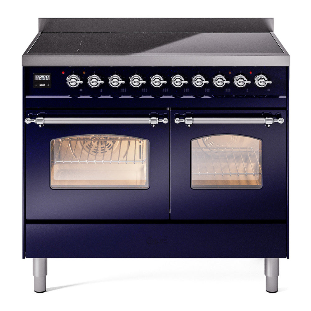 ILVE Nostalgie II 40" Induction Range - Double Ovens, 6-Element Induction - Triple Glass Door - Midnight Blue / Chrome
