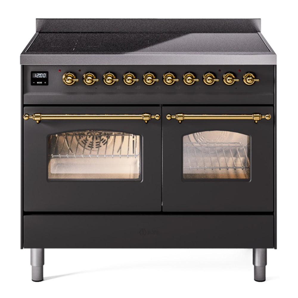 ILVE Nostalgie II 40" Induction Range - Double Ovens, 6-Element Induction - Triple Glass Door - Graphite Matte / Brass