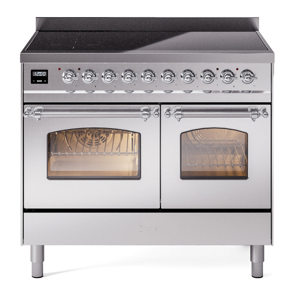 ILVE Nostalgie II 40" Induction Range - Double Ovens, 6-Element Induction - Triple Glass Door - Stainless Steel / Chrome