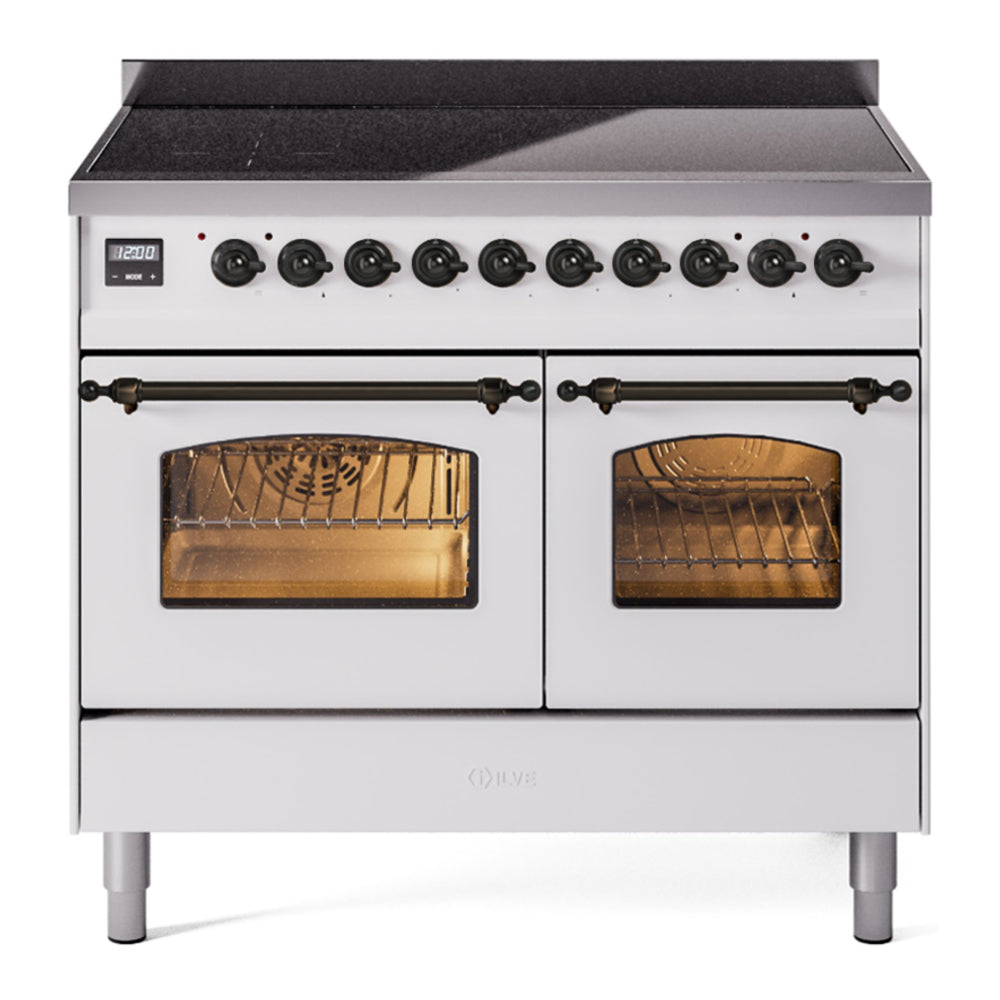 ILVE Nostalgie II 40" Induction Range - Double Ovens, 6-Element Induction - Triple Glass Door - White / Bronze